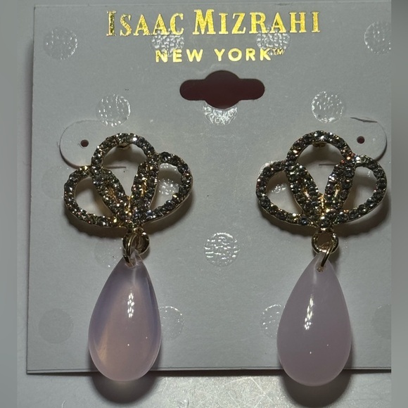 ISAAC MIZRAHI Gold Tone Post Earrings Pave Crystals with Pink Dangling Stone - Picture 2 of 5